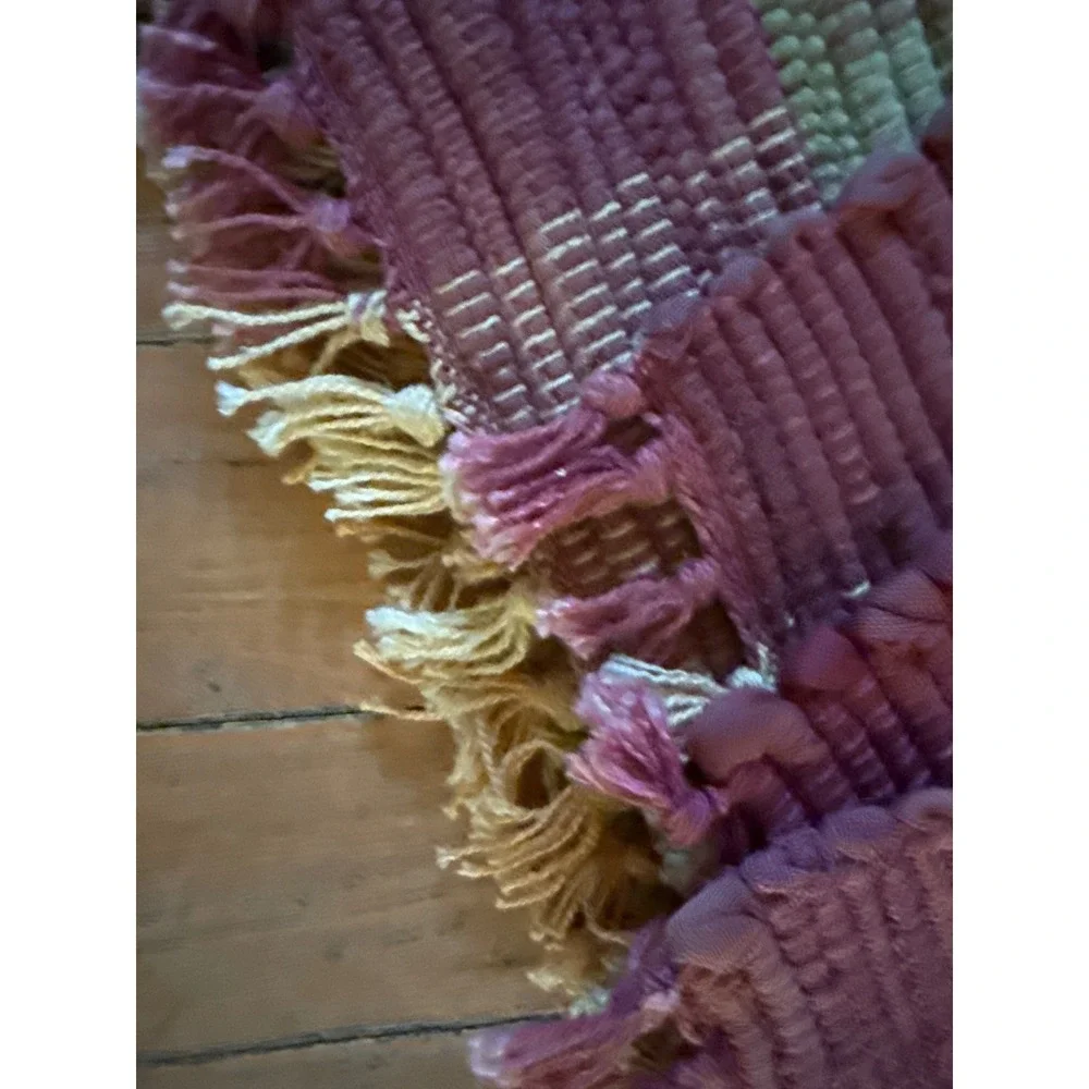 Set of 6 Hand Woven Rag Rug‎ Placemats Multicolor Plaid Boho Farmhouse Fringe